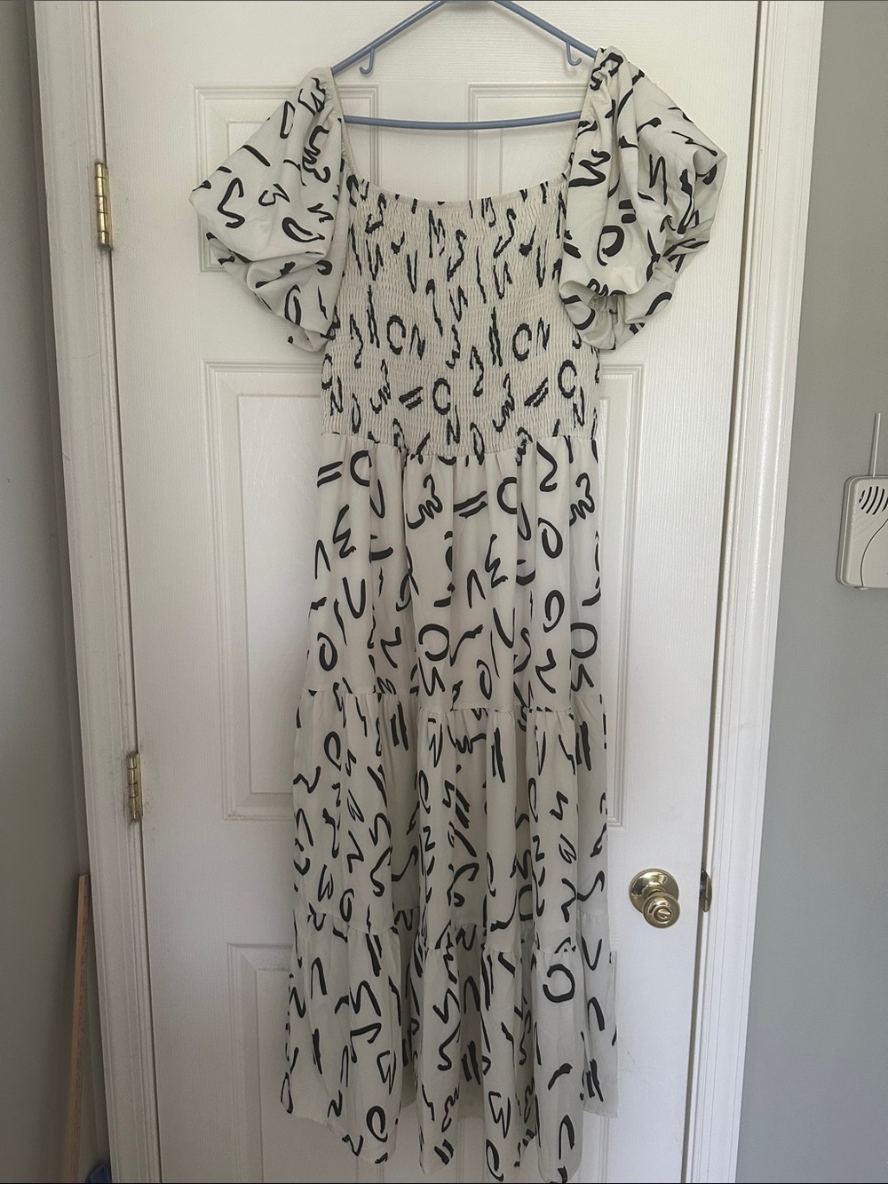 NWT PrettyGarden off the shoulder smocked white/black abstract print dress in L